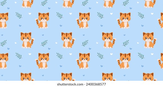 Seamless pattern cute kitten on light blue background