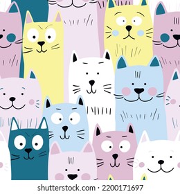 Seamless pattern with cute kitten print. Different scandy cats on color background. Scandinavian style illustration for kids. Vector illustration for fabric, textile, wallpaper, home clothing, pajama.