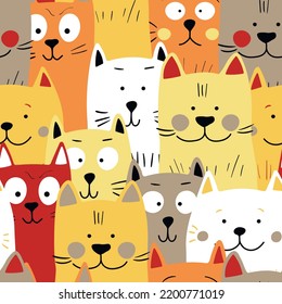 Seamless pattern with cute kitten print. Different scandy cats on color background. Scandinavian style illustration for kids. Vector illustration for fabric, textile, wallpaper, home clothing, pajama.