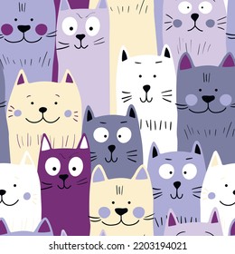 Seamless pattern with cute kitten print. Different scandy cats on color background. Scandinavian style illustration for kids. Vector illustration for fabric, textile, wallpaper, home clothing, pajama.