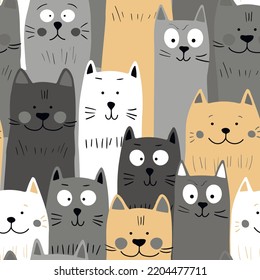 Patrón sin brillo con timbre tierno. Diferentes gatos escandalosos sobre fondo de color. Ilustración de estilo escandinavo para los niños. Ilustración vectorial para tela, textil, papel pintado, ropa de casa, pijama.