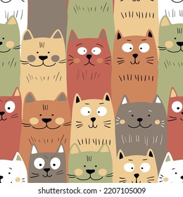 Seamless pattern with cute kitten print. Different scandy cats on color background. Scandinavian style illustration for kids. Vector illustration for fabric, textile, wallpaper, home clothing, pajama.