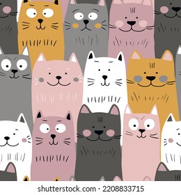 Seamless pattern with cute kitten print. Different scandy cats on color background. Scandinavian style illustration for kids. Vector illustration for fabric, textile, wallpaper, home clothing, pajama.