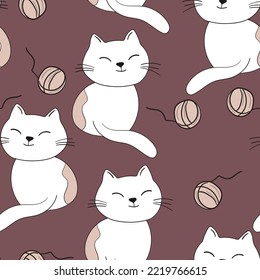 Seamless pattern with cute kitten print. Different scandy cats on color background. Scandinavian style illustration for kids. Vector illustration for fabric, textile, wallpaper, home clothing, pajama.