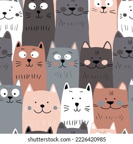 Seamless pattern with cute kitten print. Different scandy cats on color background. Scandinavian style illustration for kids. Vector illustration for fabric, textile, wallpaper, home clothing, pajama.