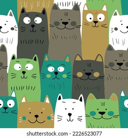 Seamless pattern with cute kitten print. Different scandy cats on color background. Scandinavian style illustration for kids. Vector illustration for fabric, textile, wallpaper, home clothing, pajama.