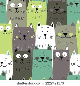 Seamless pattern with cute kitten print. Different scandy cats on color background. Scandinavian style illustration for kids. Vector illustration for fabric, textile, wallpaper, home clothing, pajama.