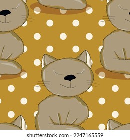 Seamless pattern with cute kitten print. Different scandy cats on color background. Scandinavian style illustration for kids. Vector illustration for fabric, textile, wallpaper, home clothing, pajama.