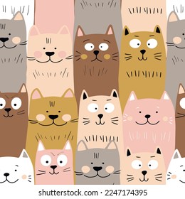 Seamless pattern with cute kitten print. Different scandy cats on color background. Scandinavian style illustration for kids. Vector illustration for fabric, textile, wallpaper, home clothing, pajama.