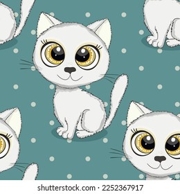 Seamless pattern with cute kitten print. Different scandy cats on color background. Scandinavian style illustration for kids. Vector illustration for fabric, textile, wallpaper, home clothing, pajama.