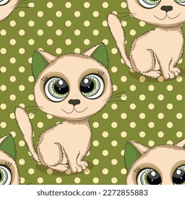 Seamless pattern with cute kitten print. Different scandy cats on color background. Scandinavian style illustration for kids. Vector illustration for fabric, textile, wallpaper, home clothing, pajama.