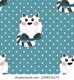 Seamless pattern with cute kitten print. Different scandy cats on color background. Scandinavian style illustration for kids. Vector illustration for fabric, textile, wallpaper, home clothing, pajama.