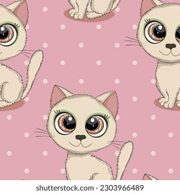 Seamless pattern with cute kitten print. Different scandy cats on color background. Scandinavian style illustration for kids. Vector illustration for fabric, textile, wallpaper, home clothing, pajama.