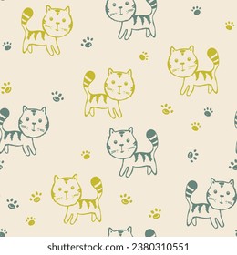 Seamless pattern with cute kitten print. Different scandy cats on color background. Scandinavian style illustration for kids. Vector illustration for fabric, textile, wallpaper, home clothing, pajama.