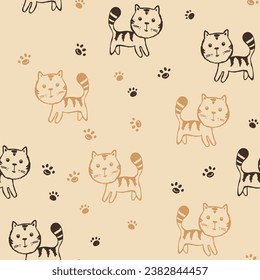 Seamless pattern with cute kitten print. Different scandy cats on color background. Scandinavian style illustration for kids. Vector illustration for fabric, textile, wallpaper, home clothing, pajama.
