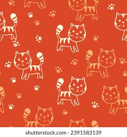 Seamless pattern with cute kitten print. Different scandy cats on color background. Scandinavian style illustration for kids. Vector illustration for fabric, textile, wallpaper, home clothing, pajama.