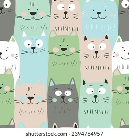 Seamless pattern with cute kitten print. Different scandy cats on color background. Scandinavian style illustration for kids. Vector illustration for fabric, textile, wallpaper, home clothing, pajama.
