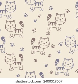 Seamless pattern with cute kitten print. Different scandy cats on color background. Scandinavian style illustration for kids. Vector illustration for fabric, textile, wallpaper, home clothing, pajama.