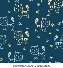 Seamless pattern with cute kitten print. Different scandy cats on color background. Scandinavian style illustration for kids. Vector illustration for fabric, textile, wallpaper, home clothing, pajama.