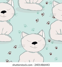 Seamless pattern with cute kitten print. Different scandy cats on color background. Scandinavian style illustration for kids. Vector illustration for fabric, textile, wallpaper, home clothing, pajama.