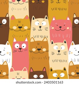 Seamless pattern with cute kitten print. Different scandy cats on color background. Scandinavian style illustration for kids. Vector illustration for fabric, textile, wallpaper, home clothing, pajama.
