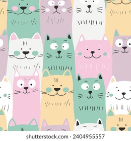 Seamless pattern with cute kitten print. Different scandy cats on color background. Scandinavian style illustration for kids. Vector illustration for fabric, textile, wallpaper, home clothing, pajama.