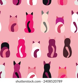 Seamless pattern with cute kitten print. Different scandy cats on color background. Scandinavian style illustration for kids. Vector illustration for fabric, textile, wallpaper, home clothing, pajama.