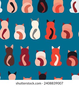 Seamless pattern with cute kitten print. Different scandy cats on color background. Scandinavian style illustration for kids. Vector illustration for fabric, textile, wallpaper, home clothing, pajama.