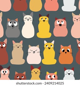 Seamless pattern with cute kitten print. Different scandy cats on color background. Scandinavian style illustration for kids. Vector illustration for fabric, textile, wallpaper, home clothing, pajama.
