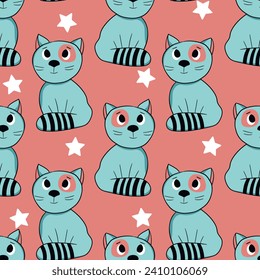 Seamless pattern with cute kitten print. Different cats on color background. Doodle style illustration for kids. Vector illustration for fabric, textile, wallpaper, home clothing, pajama.