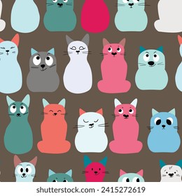 Seamless pattern with cute kitten print. Different scandy cats on color background. Scandinavian style illustration for kids. Vector illustration for fabric, textile, wallpaper, home clothing, pajama.