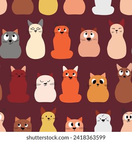 Seamless pattern with cute kitten print. Different scandy cats on color background. Scandinavian style illustration for kids. Vector illustration for fabric, textile, wallpaper, home clothing, pajama.