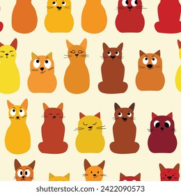 Seamless pattern with cute kitten print. Different scandy cats on color background. Scandinavian style illustration for kids. Vector illustration for fabric, textile, wallpaper, home clothing, pajama.