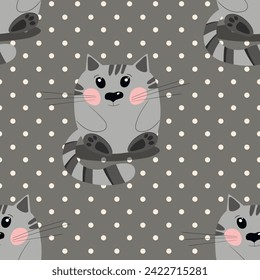 Seamless pattern with cute kitten print. Different scandy cats on color background. Scandinavian style illustration for kids. Vector illustration for fabric, textile, wallpaper, home clothing, pajama.