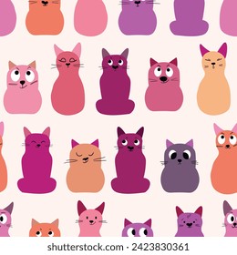 Seamless pattern with cute kitten print. Different scandy cats on color background. Scandinavian style illustration for kids. Vector illustration for fabric, textile, wallpaper, home clothing, pajama.