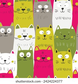 Seamless pattern with cute kitten print. Different scandy cats on color background. Scandinavian style illustration for kids. Vector illustration for fabric, textile, wallpaper, home clothing, pajama.