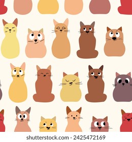 Seamless pattern with cute kitten print. Different scandy cats on color background. Scandinavian style illustration for kids. Vector illustration for fabric, textile, wallpaper, home clothing, pajama.
