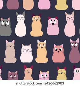 Seamless pattern with cute kitten print. Different scandy cats on color background. Scandinavian style illustration for kids. Vector illustration for fabric, textile, wallpaper, home clothing, pajama.