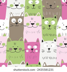 Seamless pattern with cute kitten print. Different scandy cats on color background. Scandinavian style illustration for kids. Vector illustration for fabric, textile, wallpaper, home clothing, pajama.