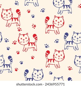 Seamless pattern with cute kitten print. Different scandy cats on color background. Scandinavian style illustration for kids. Vector illustration for fabric, textile, wallpaper, home clothing, pajama.