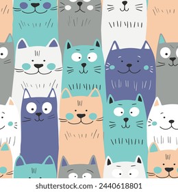 Seamless pattern with cute kitten print. Different scandy cats on color background. Scandinavian style illustration for kids. Vector illustration for fabric, textile, wallpaper, home clothing, pajama.