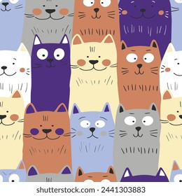 Seamless pattern with cute kitten print. Different scandy cats on color background. Scandinavian style illustration for kids. Vector illustration for fabric, textile, wallpaper, home clothing, pajama.