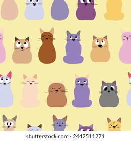 Seamless pattern with cute kitten print. Different scandy cats on color background. Scandinavian style illustration for kids. Vector illustration for fabric, textile, wallpaper, home clothing, pajama.