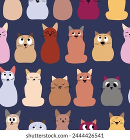 Seamless pattern with cute kitten print. Different scandy cats on color background. Scandinavian style illustration for kids. Vector illustration for fabric, textile, wallpaper, home clothing, pajama.