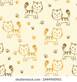 Seamless pattern with cute kitten print. Different scandy cats on color background. Scandinavian style illustration for kids. Vector illustration for fabric, textile, wallpaper, home clothing, pajama.