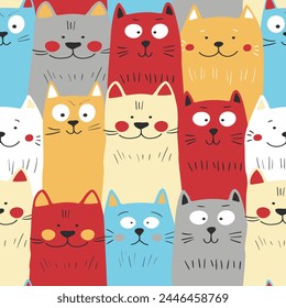Seamless pattern with cute kitten print. Different scandy cats on color background. Scandinavian style illustration for kids. Vector illustration for fabric, textile, wallpaper, home clothing, pajama.