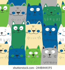 Seamless pattern with cute kitten print. Different scandy cats on color background. Scandinavian style illustration for kids. Vector illustration for fabric, textile, wallpaper, home clothing, pajama.