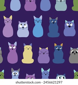 Seamless pattern with cute kitten print. Different scandy cats on color background. Scandinavian style illustration for kids. Vector illustration for fabric, textile, wallpaper, home clothing, pajama.