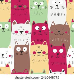 Seamless pattern with cute kitten print. Different scandy cats on color background. Scandinavian style illustration for kids. Vector illustration for fabric, textile, wallpaper, home clothing, pajama.