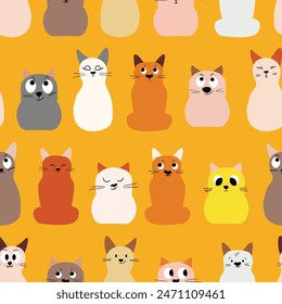 Seamless pattern with cute kitten print. Different scandy cats on color background. Scandinavian style illustration for kids. Vector illustration for fabric, textile, wallpaper, home clothing, pajama.